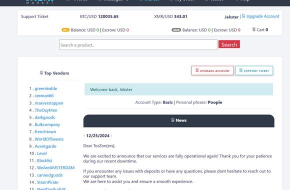 TorZon Market interface screenshot showing the marketplace dashboard